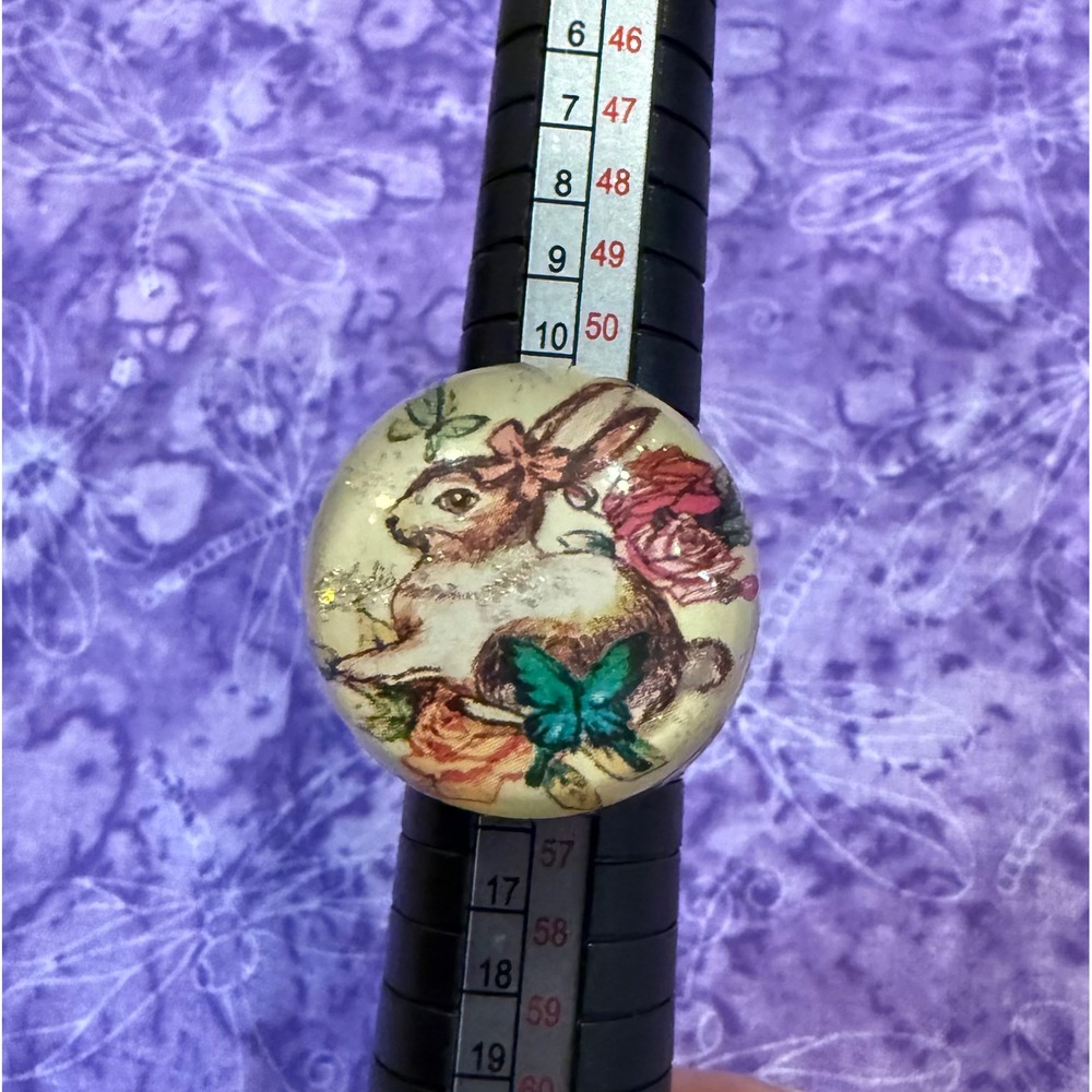 Lolis Lucite Size 7.25 Ring Teal Rabbit Bunny Rose Butterfly Cottagecore Dome